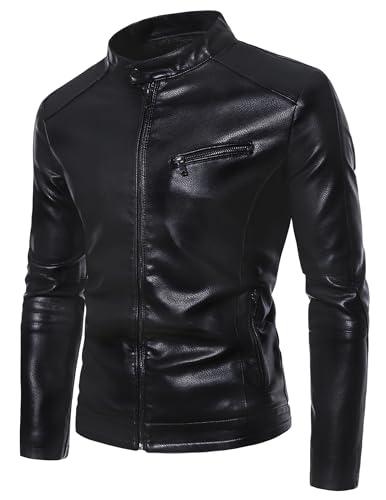 PEGENO Mens Leather Jacket Zipper Pocket Faux Leather Motorcycle Jacket Black XLarge - Image 1