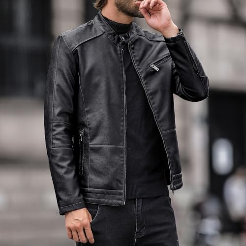 PEGENO Mens Leather Jacket Zipper Pocket Faux Leather Motorcycle Jacket Black XLarge - Image 3