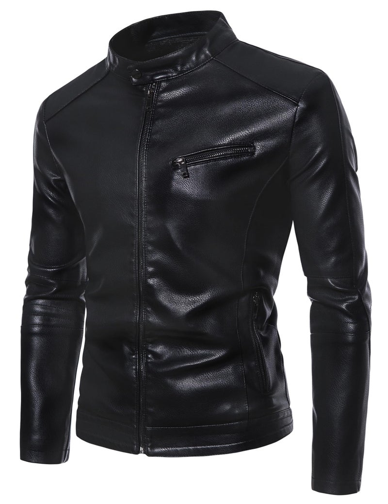 PEGENO Mens Leather Jacket Zipper Pocket Faux Leather Motorcycle Jacket Black XLarge - Image 2