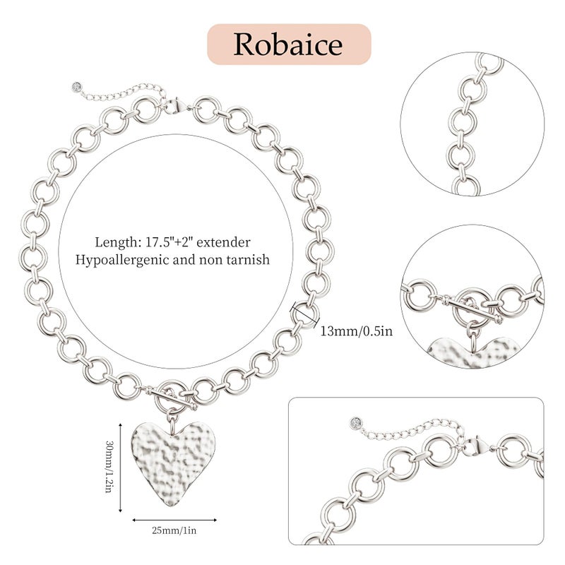 Robaice Chunky Silver Heart Necklace for Womenï¼ŒSilver Plated Chunky Heart Pendant Bold Chain Necklace with Toggle Claspï¼ŒWaterproof Non Tarnish Hypoallergenic Chunky Statement Jewelry Gift for Women - Image 4