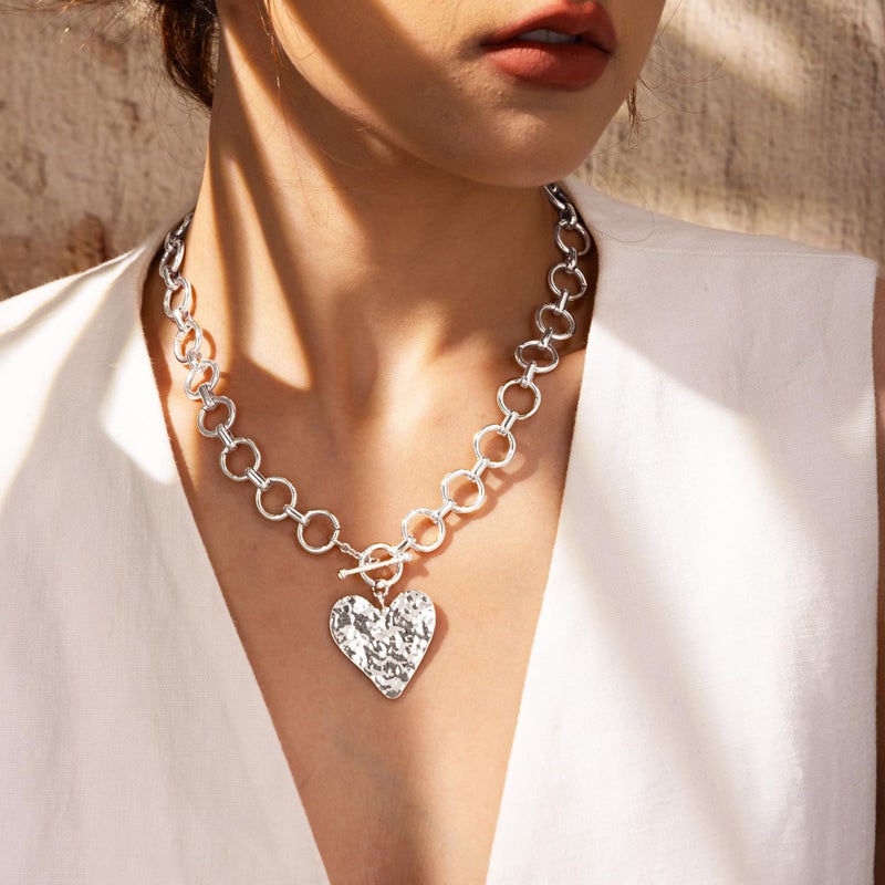 Robaice Chunky Silver Heart Necklace for Womenï¼ŒSilver Plated Chunky Heart Pendant Bold Chain Necklace with Toggle Claspï¼ŒWaterproof Non Tarnish Hypoallergenic Chunky Statement Jewelry Gift for Women - Image 2