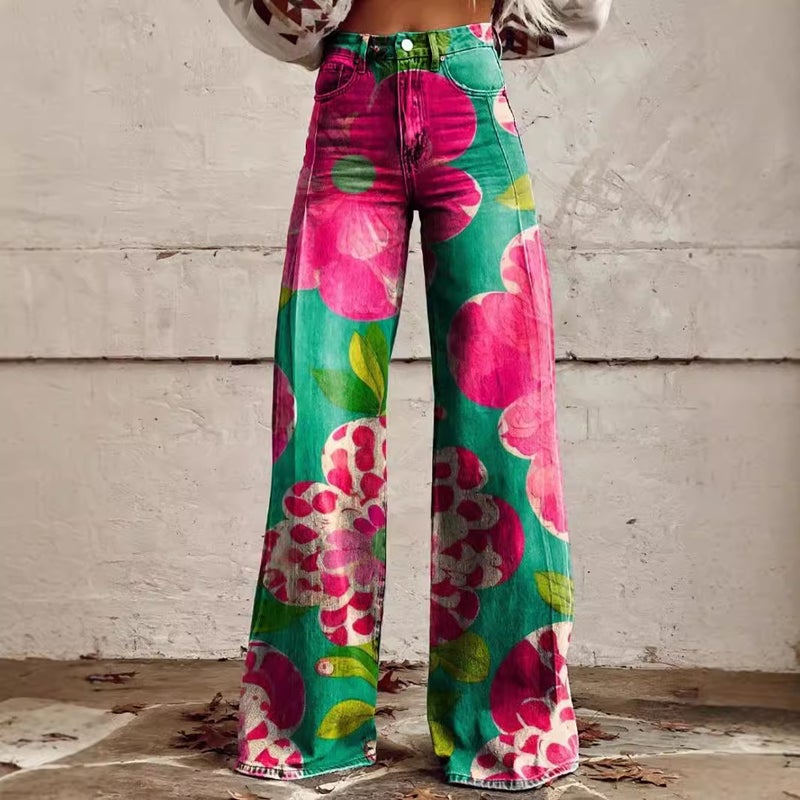 Digital Printing Five-Pointed Star Denim Women'S Wide Leg Pants 3D Women'S Trousers Flared Pants Selling - Image 3