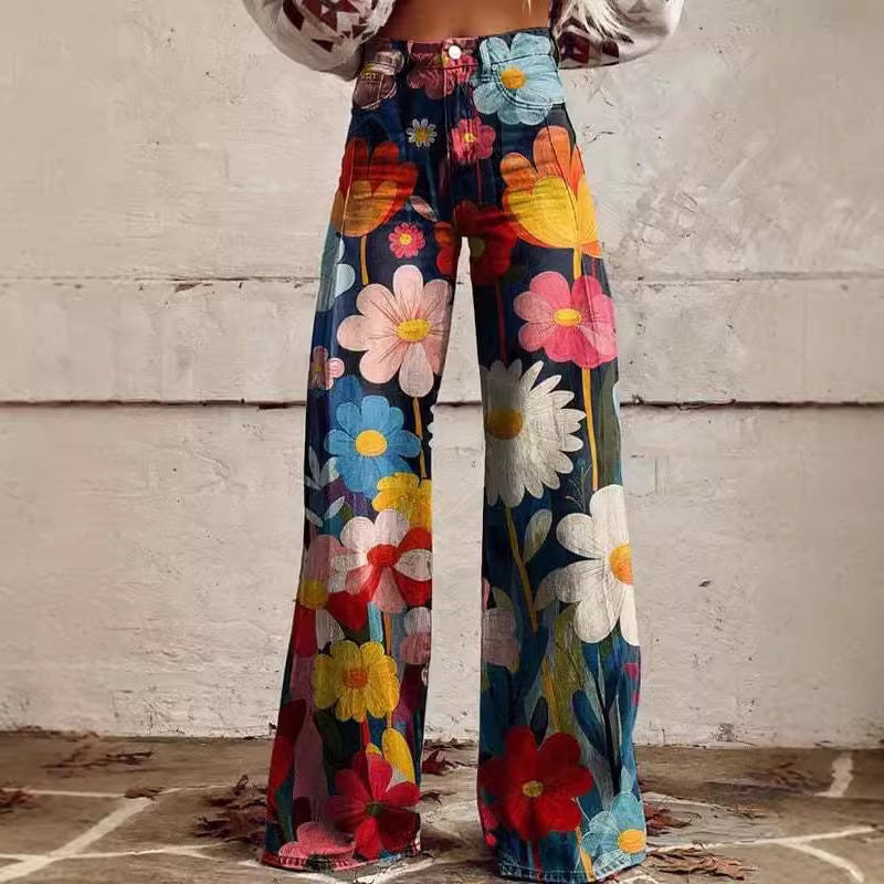 Digital Printing Five-Pointed Star Denim Women'S Wide Leg Pants 3D Women'S Trousers Flared Pants Selling - Image 4