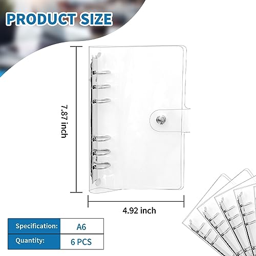 EATAKWARD 6PCS A6 PVC 6-Ring Binder Cover, Soft Round Ring A6 Binder Cover, Loose Leaf Folder Snap Button Closure, Transparent Protector, Refillable Planner Binder for Meeting, Travel, Office Supplies - Image 3