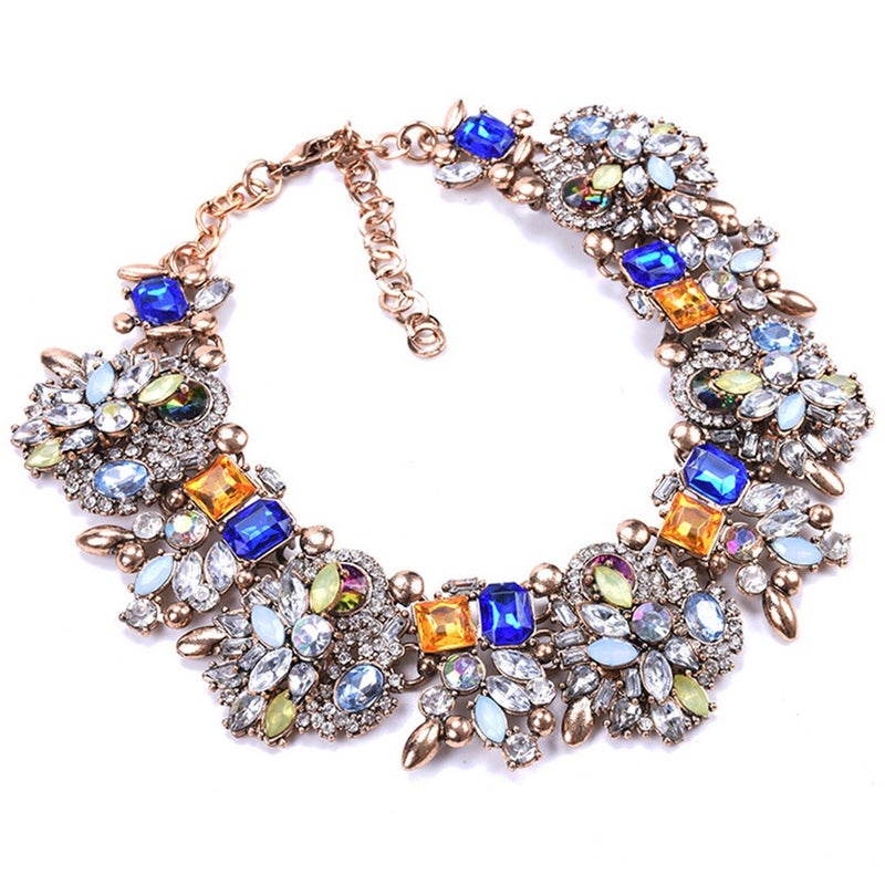 Zthread Bib Statement Necklace Colorful Glass Crystal Collar Choker Necklace For Women Fashion Accessories (Blue+Green) - Image 4