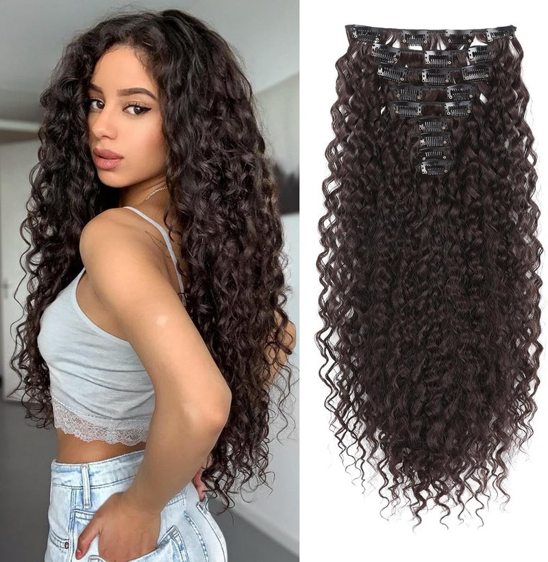 Flufymooz Clip-In Hair Extensions, 22 Inch Clip-In Hair Extensions, Curly Hair Extensions, Long, Soft Synthetic Hairpieces for Women, Dark Reddish Brown, Pack of 9 - Image 1