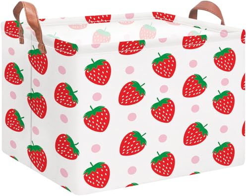 NTAOHAMPER Rectangular Storage Basket with Handles Cotton Canvas Fabric Strawberry Pattern Room Decor Gift Basket Book Box - Image 1