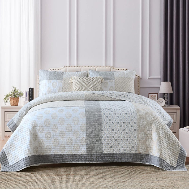 PANGUSHAN Quilt Set King Size, 100% Cotton Bedspread Quilt Bedding Set, Floral Patchwork Quilt Set for King Bed, Moonbeam Bed Spread, Lightweight Comforter Reversible Quilt, All Season, 3 Pieces - Image 2
