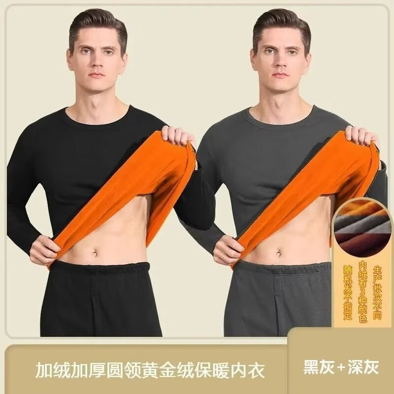 2024 winter mens thermal underwear suit double-sided velvet self-heating young and middle-aged autumn clothes pants wear inside Black darker gray