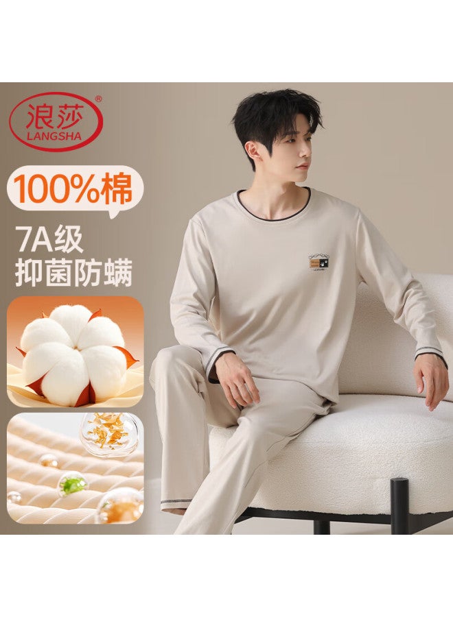 LANG SHA Langsha Men's Cotton Long Sleeve Pajama Set Spring Autumn Youth All Cotton Four Seasons Plus Size Homewear - Image 1