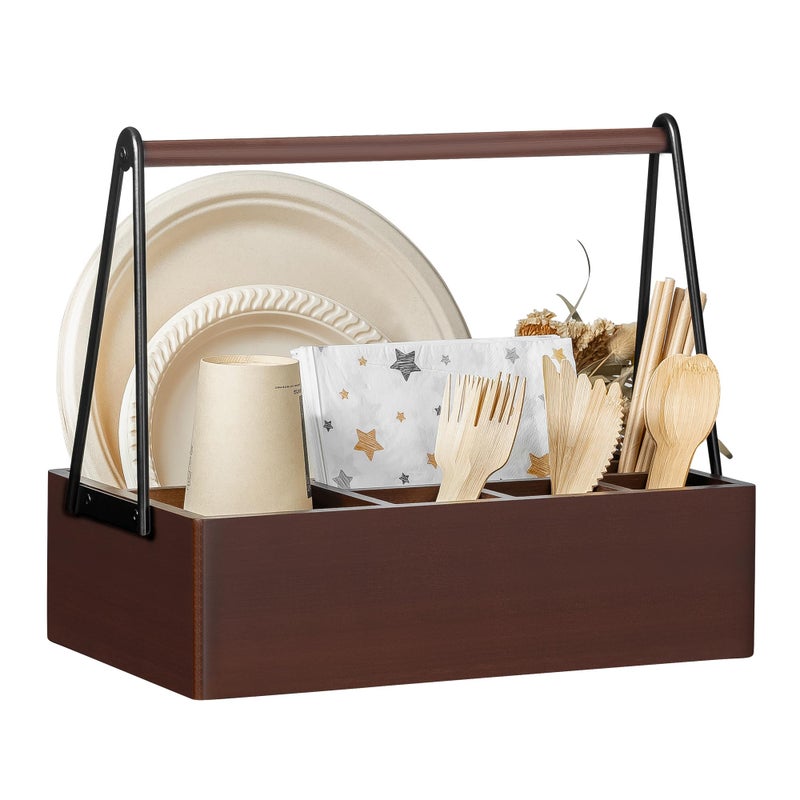 PTSTING Silverware Caddy with Handle Acacia Wood Utensil Holder Paper Plate Dispenser for Countertop Flatware Organizer Box for Spoons Forks Plates Cups Napkins - Image 1