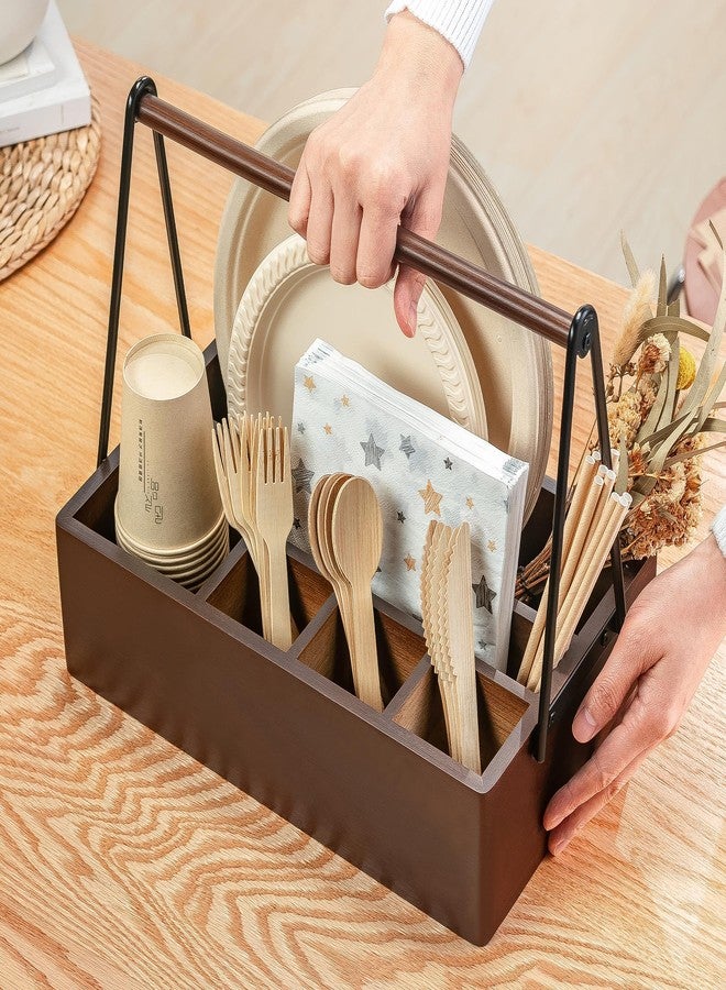 PTSTING Silverware Caddy with Handle Acacia Wood Utensil Holder Paper Plate Dispenser for Countertop Flatware Organizer Box for Spoons Forks Plates Cups Napkins - Image 4