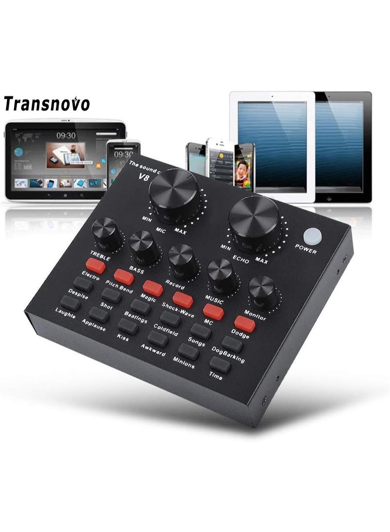 ترانسنوفو بطاقة صوت خارجية Transnovo V8، لوحة خلط صوت خارجية USB للبث المباشر، مُغير صوت، بطاقة صوت مع مؤثرات صوتية متعددة للتسجيل المباشر، مناسبة للكاريوكي المنزلي والدردشة الصوتية - Image 1