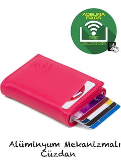 Adelina Bags Fuchsia Nova Leather Mechanism Automatic Slide Card Holder Wallet  - Image 1