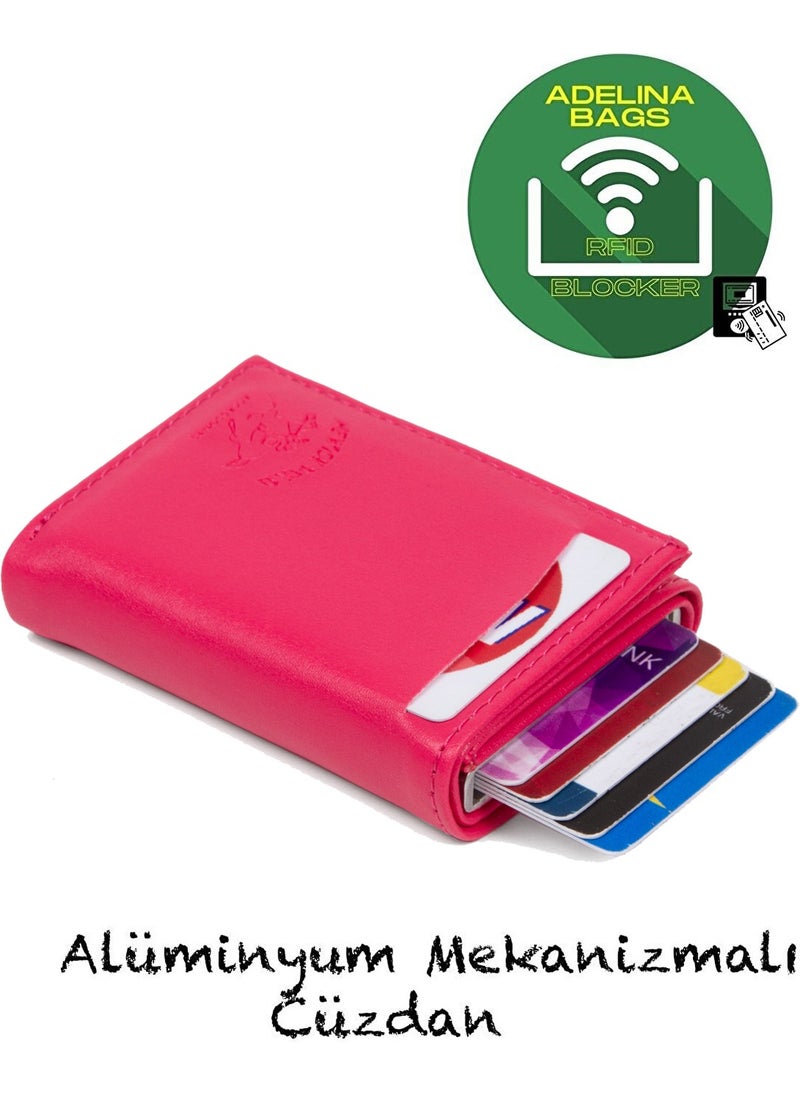Adelina - Bags Fuchsia Nova Leather Mechanism Automatic Slide Card Holder Wallet - Image 1