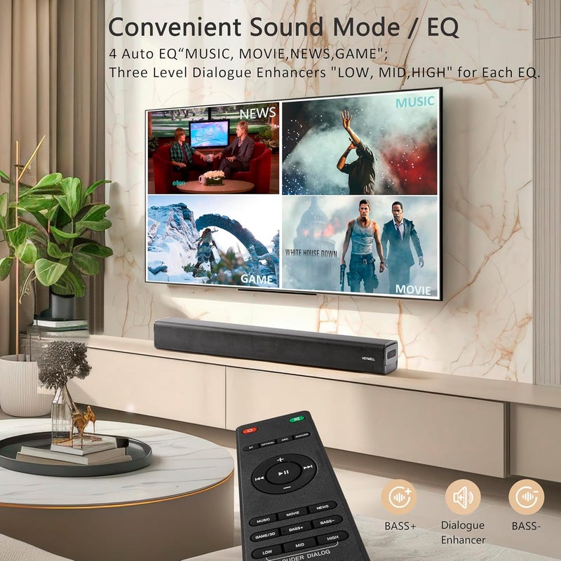 2.1ch 120W Small Bluetooth Soundbar for TV, PC, 23-inch TV Sound Bar with Built-in Subwoofer. Dialogue Enhancer, HDMI eARC/Optical/Aux, Wall Mount. - Image 5
