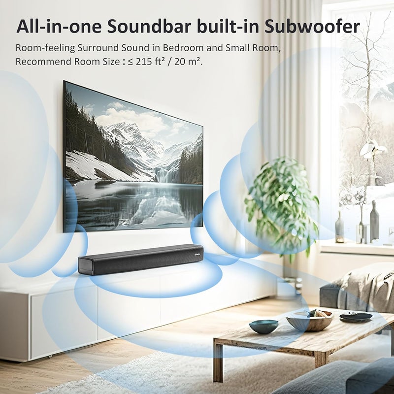 2.1ch 120W Small Bluetooth Soundbar for TV, PC, 23-inch TV Sound Bar with Built-in Subwoofer. Dialogue Enhancer, HDMI eARC/Optical/Aux, Wall Mount. - Image 3