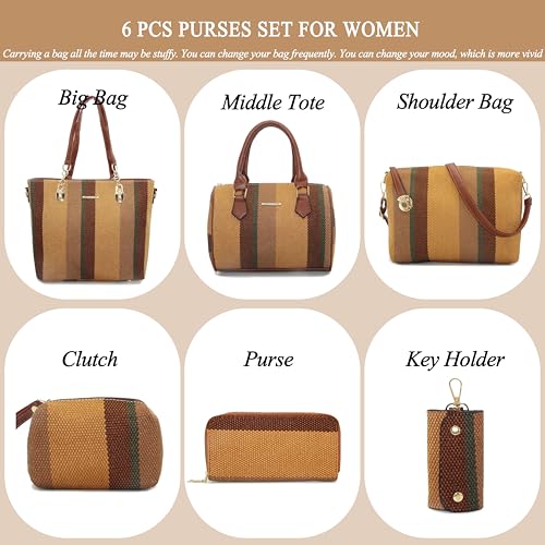 2E-youth Designer Purses and Handbags for Women Satchel Shoulder Bag Tote Top Handle Bag (0B-stripe-brown) - Image 2