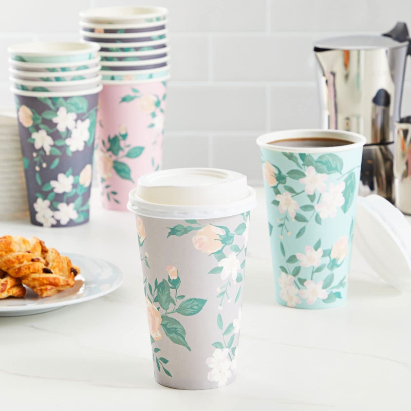 Juvale Floral Paper Coffee Cups with Lids - Disposable Eco-Friendly Paper Cups with Lids for Travel - Party & Bridal Shower Coffee Supplies - 24 Count, 16 Oz, Pastel Assorted - Image 3