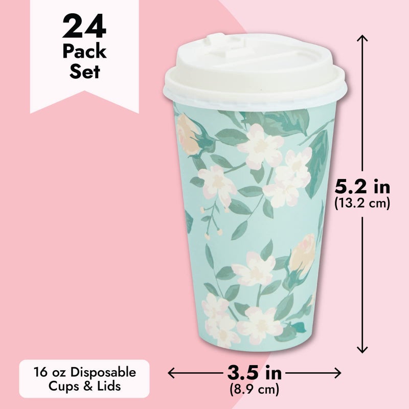 Juvale Floral Paper Coffee Cups with Lids - Disposable Eco-Friendly Paper Cups with Lids for Travel - Party & Bridal Shower Coffee Supplies - 24 Count, 16 Oz, Pastel Assorted - Image 5