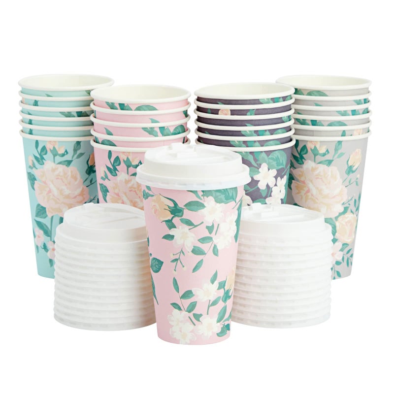 Juvale Floral Paper Coffee Cups with Lids - Disposable Eco-Friendly Paper Cups with Lids for Travel - Party & Bridal Shower Coffee Supplies - 24 Count, 16 Oz, Pastel Assorted - Image 1