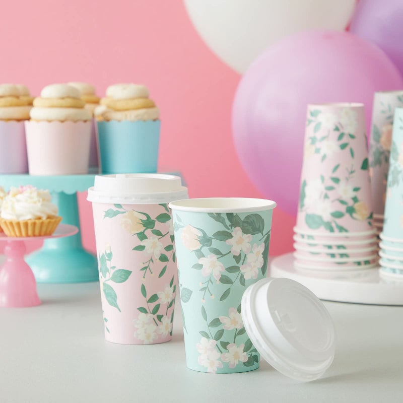 Juvale Floral Paper Coffee Cups with Lids - Disposable Eco-Friendly Paper Cups with Lids for Travel - Party & Bridal Shower Coffee Supplies - 24 Count, 16 Oz, Pastel Assorted - Image 4