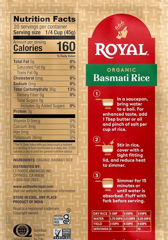 Royal Organic Basmati Rice - 2 lb Bag of Long Grain Aromatic Rice - Image 2