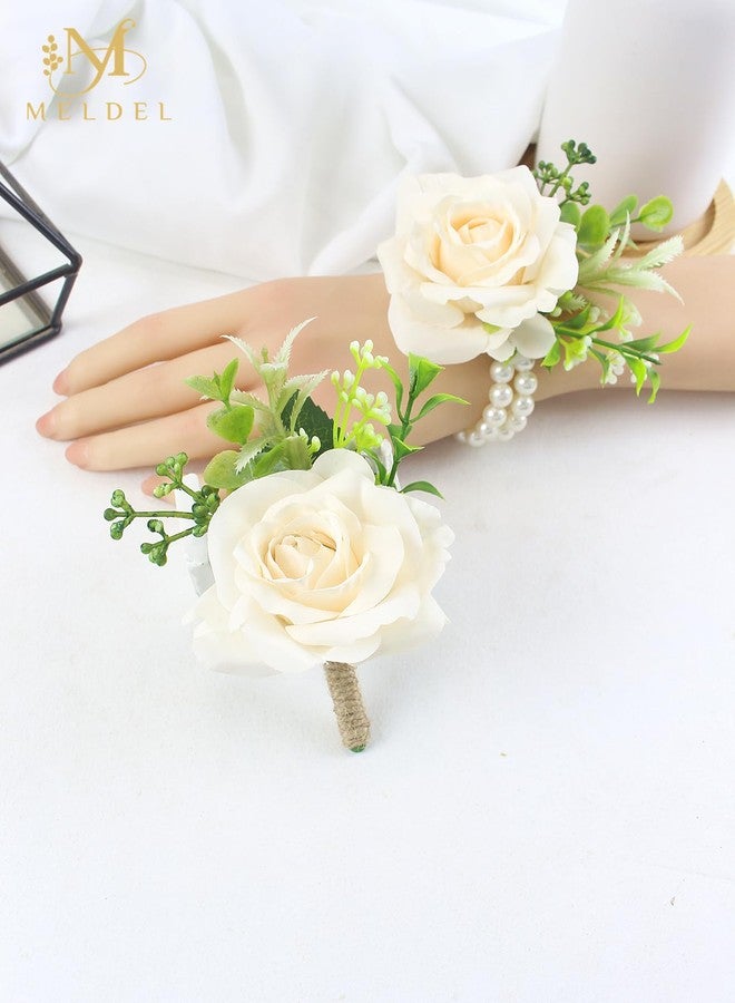 Meldel Wrist Corsage and Boutonniere Set for Wedding, Set of 2, Champagne Rose Eucalyptus Wrist Flower for Bride Bridesmaid, Groom Groomsman Corsage for Wedding Engagement Prom Dancing Ceremony Party - Image 3
