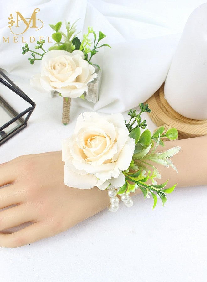 Meldel Wrist Corsage and Boutonniere Set for Wedding, Set of 2, Champagne Rose Eucalyptus Wrist Flower for Bride Bridesmaid, Groom Groomsman Corsage for Wedding Engagement Prom Dancing Ceremony Party - Image 2