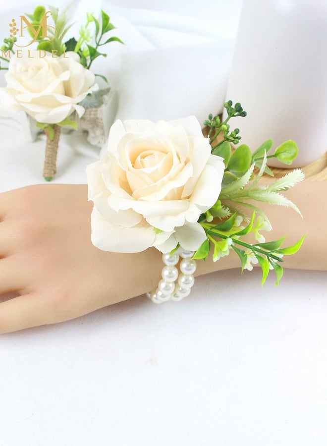 Meldel Wrist Corsage and Boutonniere Set for Wedding, Set of 2, Champagne Rose Eucalyptus Wrist Flower for Bride Bridesmaid, Groom Groomsman Corsage for Wedding Engagement Prom Dancing Ceremony Party - Image 5