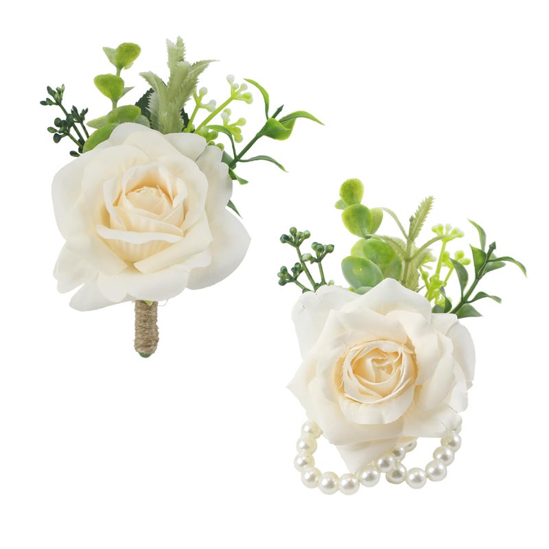 Meldel Wrist Corsage and Boutonniere Set for Wedding, Set of 2, Champagne Rose Eucalyptus Wrist Flower for Bride Bridesmaid, Groom Groomsman Corsage for Wedding Engagement Prom Dancing Ceremony Party - Image 1