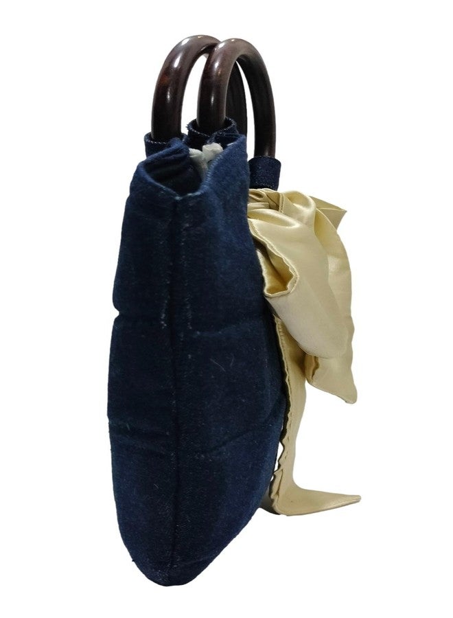 athizay handbags wooden handles Purple Denim Potli Bags with Handcrafted Bow Detail hand carry wristlets bags for women gift - Image 4
