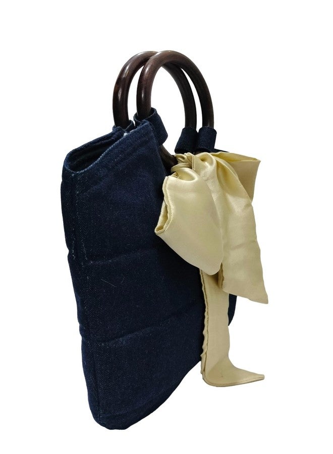 athizay handbags wooden handles Purple Denim Potli Bags with Handcrafted Bow Detail hand carry wristlets bags for women gift - Image 3