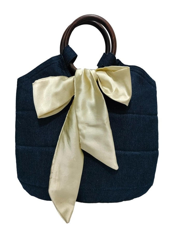 athizay handbags wooden handles Purple Denim Potli Bags with Handcrafted Bow Detail hand carry wristlets bags for women gift - Image 1