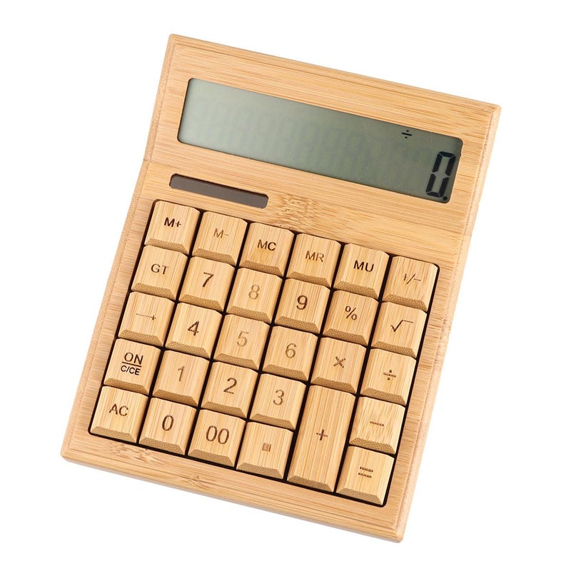 Solar Powered 29 Key LCD Calculator Dual Power Office School Compact Wooden Desk Tilted Angle Design - Image 2