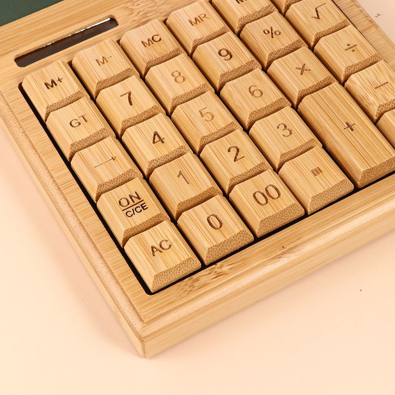 Solar Powered 29 Key LCD Calculator Dual Power Office School Compact Wooden Desk Tilted Angle Design - Image 5