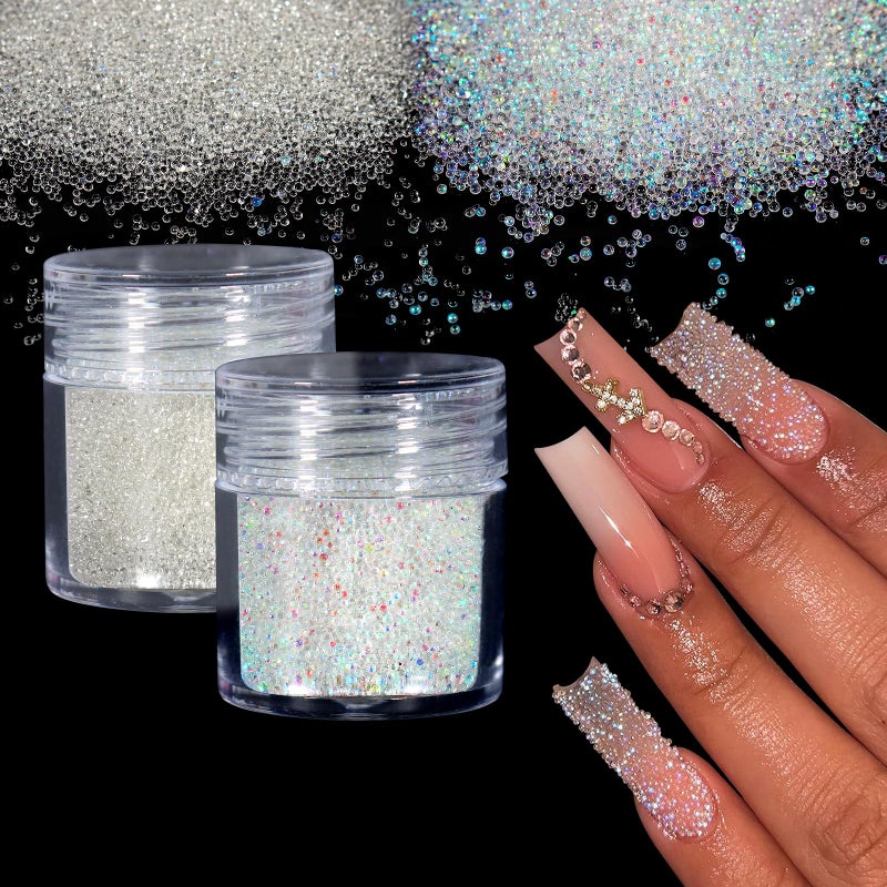 Laza 2 Colors Caviar Beads Nails Micro Pixie Beads 0.6-0.8mm Glass Bubble Beads Iridescent Water Droplets Bubble Beads Crystals Nail Beads for 3D Nail Art Decorations Nail Designs - Image 1