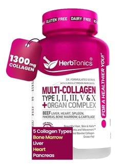 Herbtonics Multi Collagen Capsules Types I, II, III, V & X + Protein Peptides + Organ Complex Type 1, 2, 3, 5 & 10 Bone Broth Powder for Anti-Aging Hair, Skin, Nails & Joint Supplement 90 Vegan Pills  - Image 1
