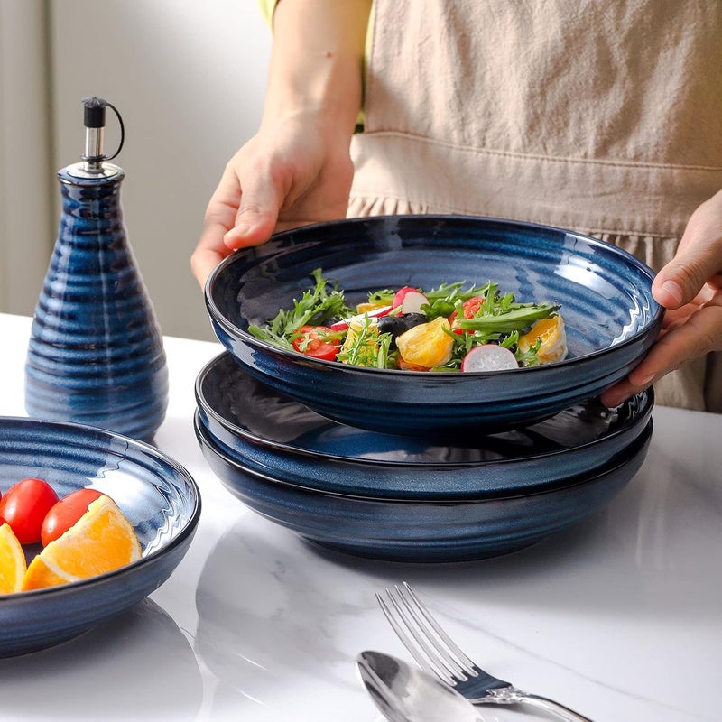Hasense Ceramic Pasta Bowls Set of 4 32 Ounce Salad Serving Bowls for Kitchen 87 inch Large Shallow Bowls for Pasta Salad Dinner Soup Microwave Dishwasher Safe Blue - Image 2