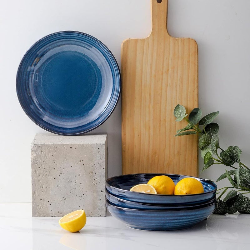 Hasense Ceramic Pasta Bowls Set of 4 32 Ounce Salad Serving Bowls for Kitchen 87 inch Large Shallow Bowls for Pasta Salad Dinner Soup Microwave Dishwasher Safe Blue - Image 4