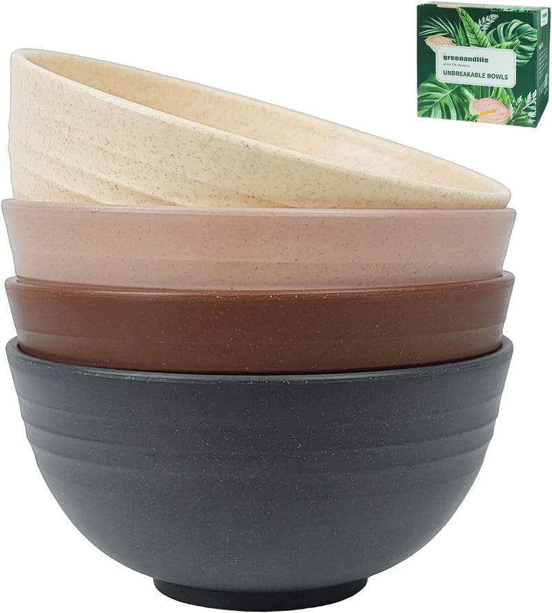 greenandlife 24oz4PCS Wheat Straw Cereal Bowls Lightweight Unbreakable Noodle Fruit Soup Rice Bowls Dishwasher Microwave Safe Bowl Sets Nontoxin BPA Free Earth Tone - Image 1