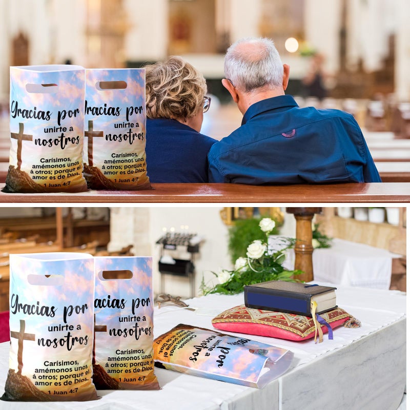 Panelee 50 Pcs Spanish Welcome to Our Church Bags Religious Plastic Brochure Church Gift 1 Juan 4: 7 Treat Bags with Handles for Party Supplies Party Favor Decoration - Image 3