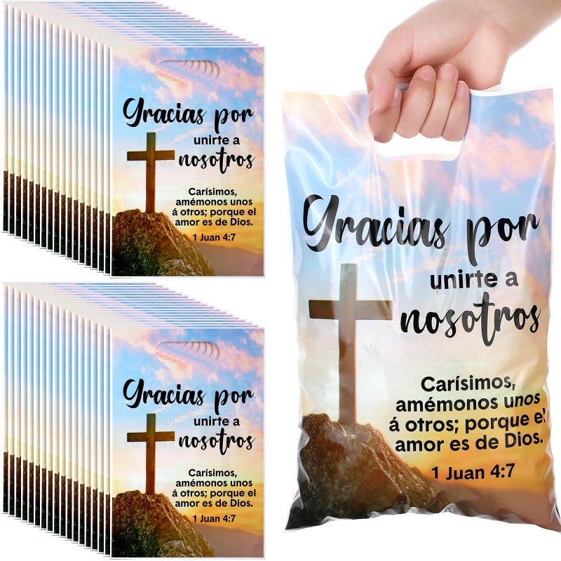 Panelee 50 Pcs Spanish Welcome to Our Church Bags Religious Plastic Brochure Church Gift 1 Juan 4: 7 Treat Bags with Handles for Party Supplies Party Favor Decoration - Image 1