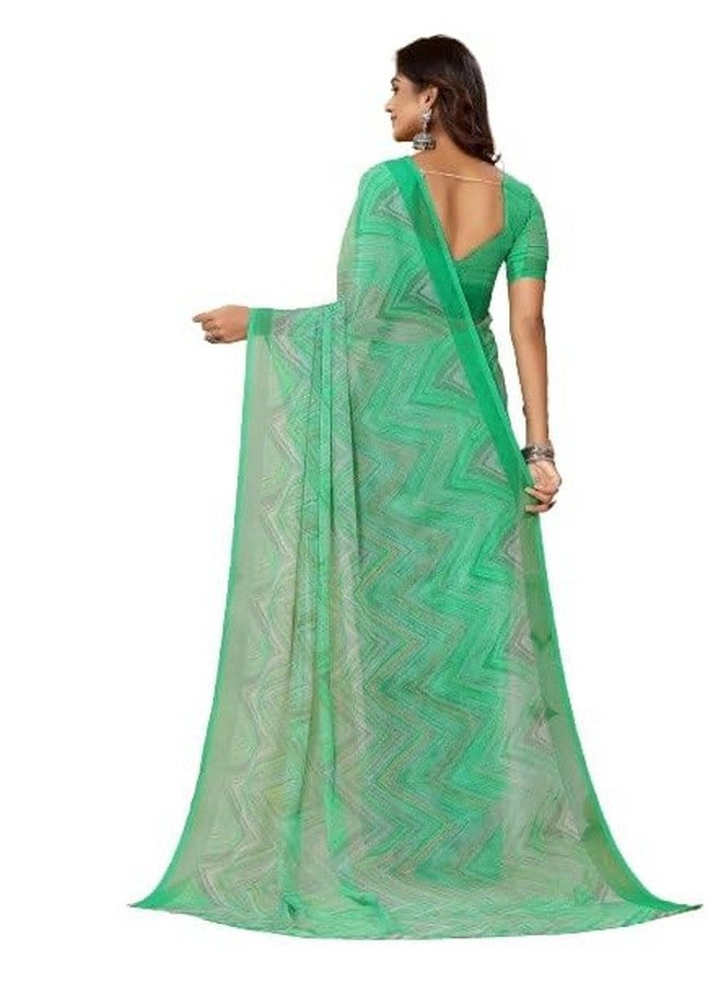 Women's Chiffon Abstract and Geometric Printed Saree with Blouse Piece (Green)  - Image 2