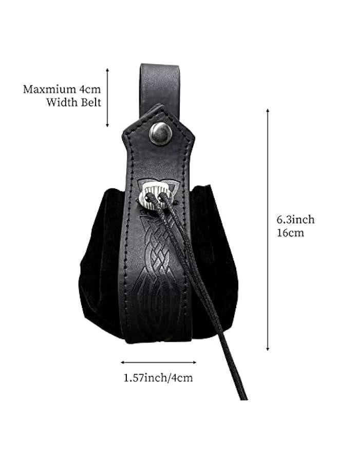 Medieval Faux Leather Drawstring Pouch, Retro Nordic Portable Coin Purse, Vintage Belt Pouch Dice Bag For LARP Ren Faire (Black C)  - Image 5