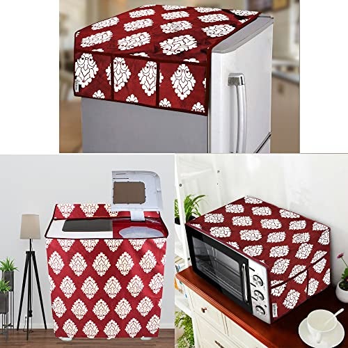 E-Retailer® Exclusive 3-Layered Polyester Combo Set of Appliances Cover (1 Pc. of Fridge Top Cover, 1 Pc. of Microwave Oven Top Cover and 1 Pc. Semi Automatic Washing Machine Cover) (Color-Maroon, Ethnic, Set Contains-3 Pcs.) - Image 1