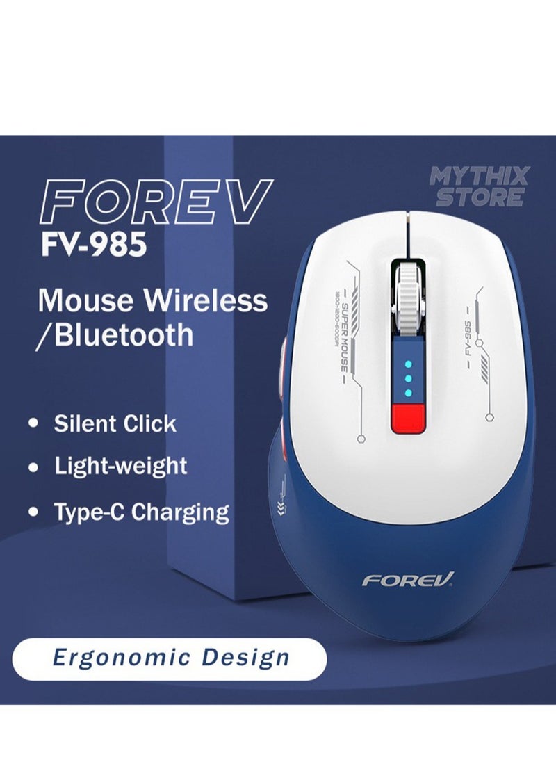 فوريف ماوس مع بطارية للكمبيوتر واللاب توب، FV-985، 2.4 جيجاهرتز، 6 أزرار ومستقبل USB صغير، 1600 نقطة في البوصة، نطاق تشغيل 10 أمتار - للاستخدام المنزلي والمكتبي بتصميم عصري مريح (أزرق-أبيض)  - Image 3