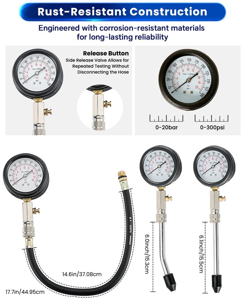 ATP Compression Tester Automotive Tool Professional Engine Cylinder Compression Tester Kit - Image 4