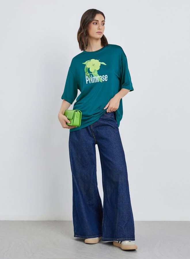 تايك تو Take Two Floral Graphic Printed Oversized T-Shirt
