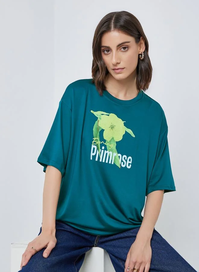 تايك تو Take Two Floral Graphic Printed Oversized T-Shirt